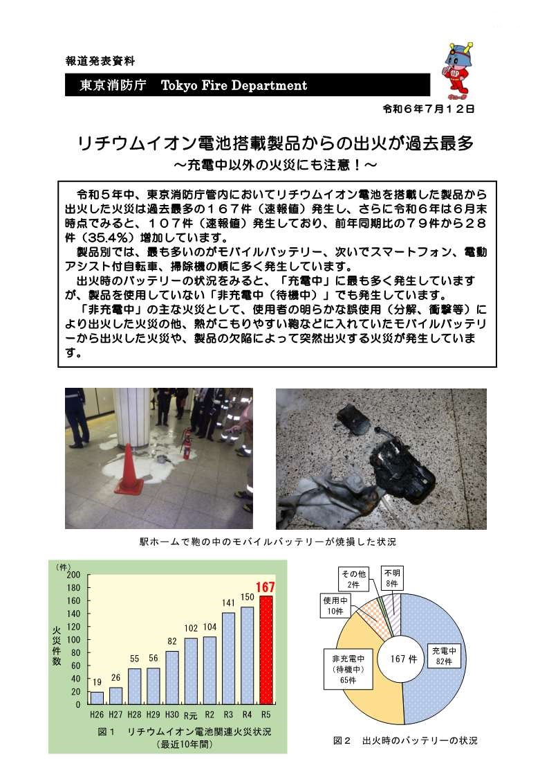 リチウムイオン蓄電池からの火災に対する注意喚起1