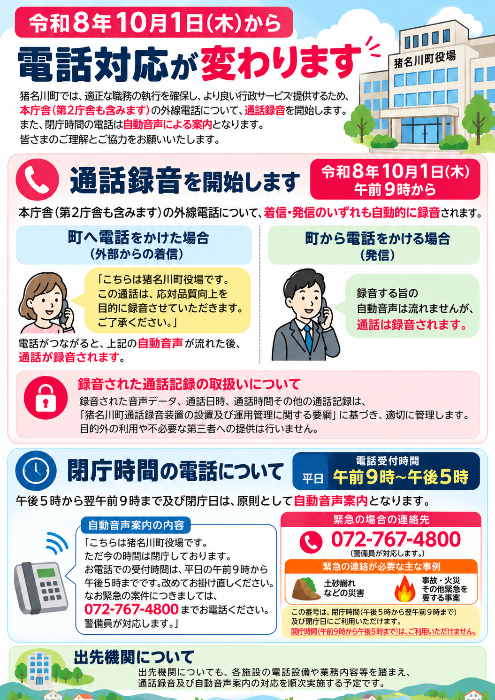 本庁舎・第2庁舎における電話対応の変更について／猪名川町
